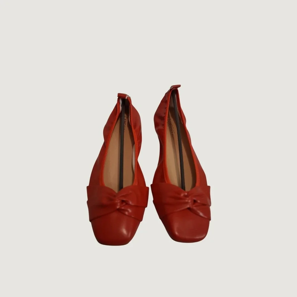 Camssoo Red Knotted Square Toe Ballet Flats Elastic Topline Slip On Shoes Size 9